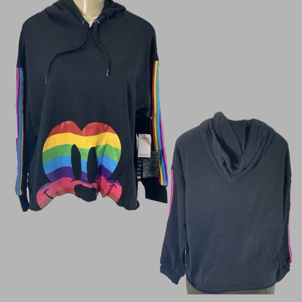 Disney L Black Mickey Mouse Rainbow Pride Graphic Hoodie Long Sleeve Semi-Crop